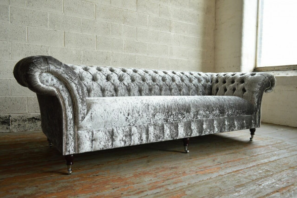 Stříbrný Chesterfield textilní kůže pohovka gauč polštáře big nové sedadlo 265cm.  