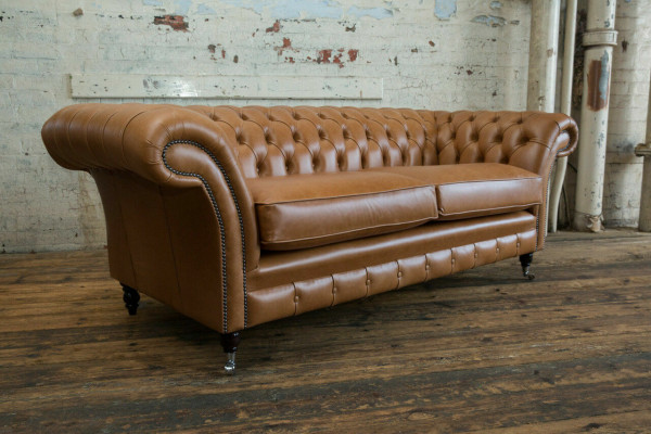 Sofa 3 místný gauč Chesterfield potahová sestava kůže hnědá textilie.