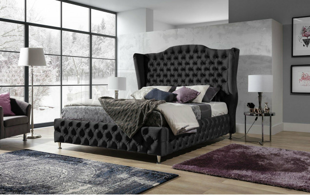 Černá postel Chesterfield polštář dvojlůžková luxusní ložnice design postele.