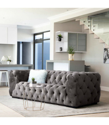 Sedačka Chesterfield třímístná šedá. Polstrovaný styl nábytku.