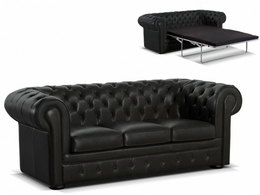 Černá kůže Designérský Chesterfield Sofa Stylová 3místná pohovka.