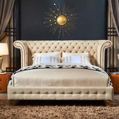 Klasická ložnice postel Beige Textilní Kožené Polstrování Manželská postel 180x200cm