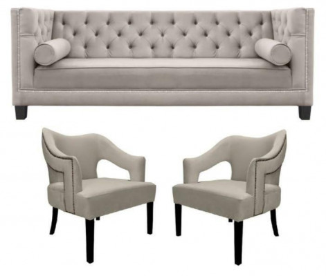 Beige Chesterfield Sofa set with padded seats 3-piece set group