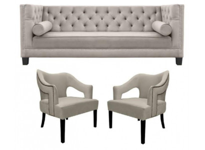 Beige Chesterfield Sofa set with padded seats 3-piece set group