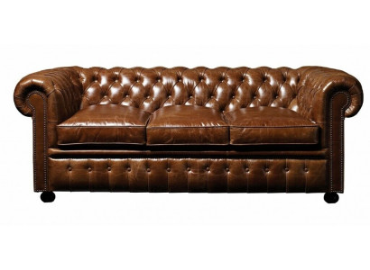 Hnědá kůže Chesterfield třísedadlová luxusní pohovka do obývacího pokoje