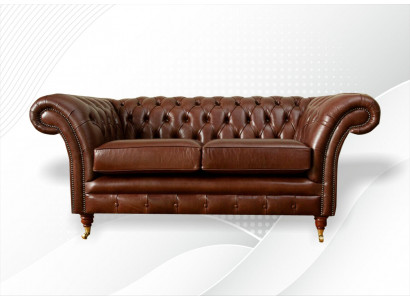 Chesterfield Sofa 2 místa v čokoládově hnědém provedení s potahem, designové pohovky, sedací souprava původního provedení