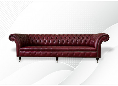 Červená velká pohovka Chesterfield 265 cm XXL s čtyřmi polštářovými sedadly z kůže a textilu, nová