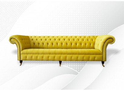 Žlutá pohovka 4místná sedací souprava Chesterfield potah kůže textil žlutá