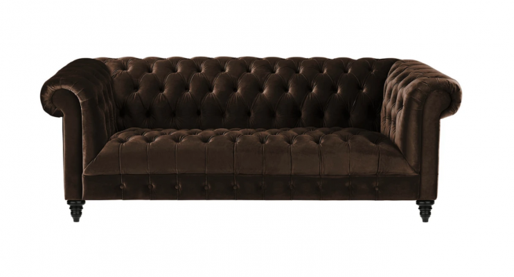 Hnědý sametový gauč Luxusní Chesterfield nábytek se třemi sedadly a knoflíky.