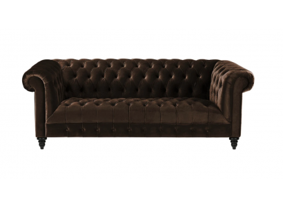 Hnědý sametový gauč Luxusní Chesterfield nábytek se třemi sedadly a knoflíky.