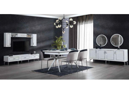 Designer jídelní set 8 dílů Jídelní stůl židle Komoda Zrcadlo Dřevěné jídelní stoly