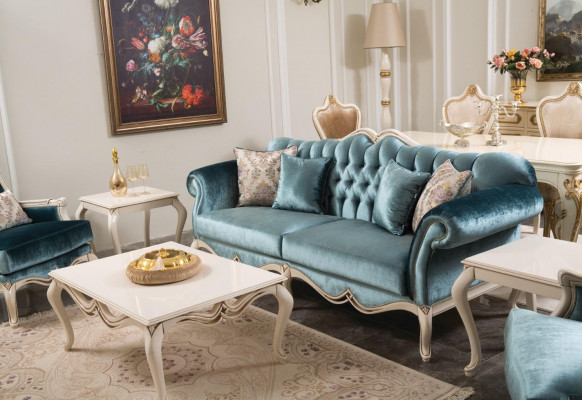 Luxusní sedací souprava 3+1 se stolečkem a křeslem, potažená látkou, 4 kusy.