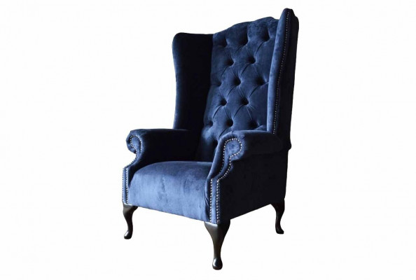 Chesterfield design křeslo, potah luxusní modrá textilie, pohovky, křesla