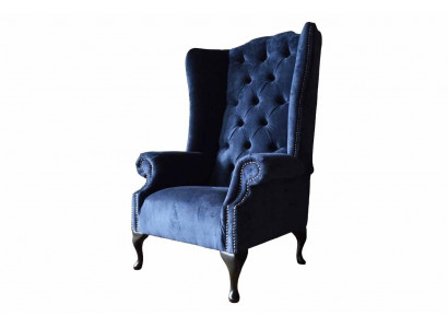 Chesterfield design křeslo, potah luxusní modrá textilie, pohovky, křesla