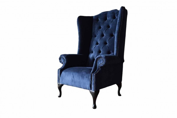 Chesterfield design křeslo, potah luxusní modrá textilie, pohovky, křesla