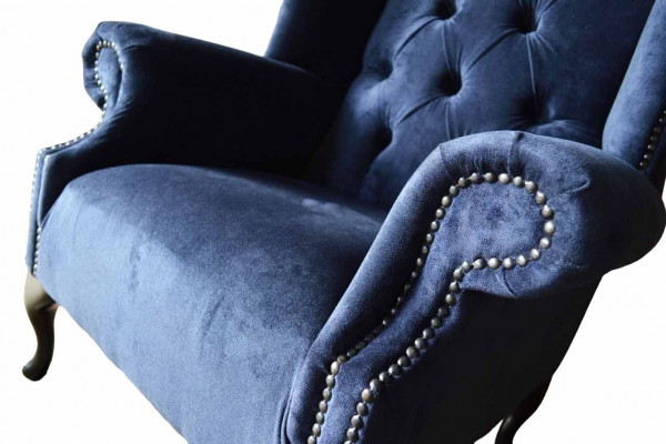 Chesterfield design křeslo, potah luxusní modrá textilie, pohovky, křesla