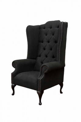 Křeslo uchač černé barvy, sedadlo, design polštář Chesterfield textilní nový.