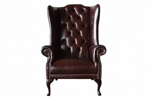 Křeslo 1místné hnědé obývacího pokoje, kožené, designové, Chesterfield, s ušima