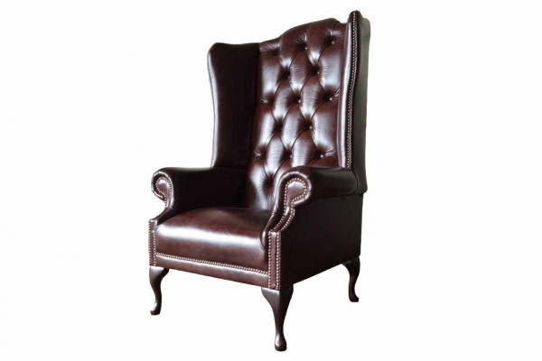 Křeslo 1místné hnědé obývacího pokoje, kožené, designové, Chesterfield, s ušima