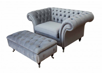 Chesterfield křeslo s uchem otoman židle pohovka polštář set šedé textilie