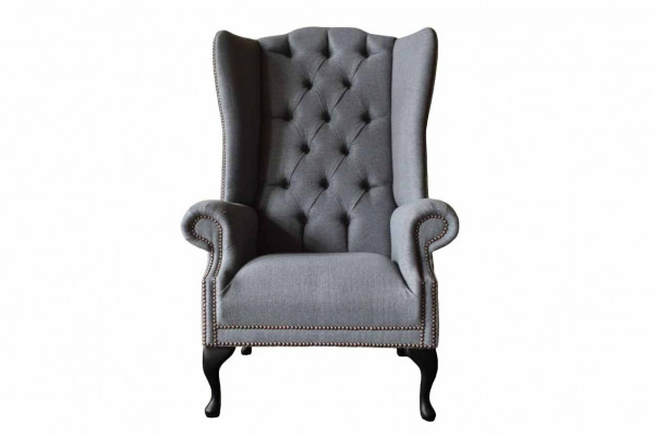 Ohrensesel Chesterfield Pohovka Křeslo Potah 1-Místný Sedák Šedý Čalounění Textil