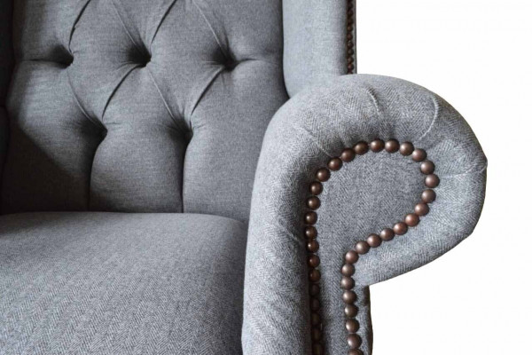 Ohrensesel Chesterfield Pohovka Křeslo Potah 1-Místný Sedák Šedý Čalounění Textil