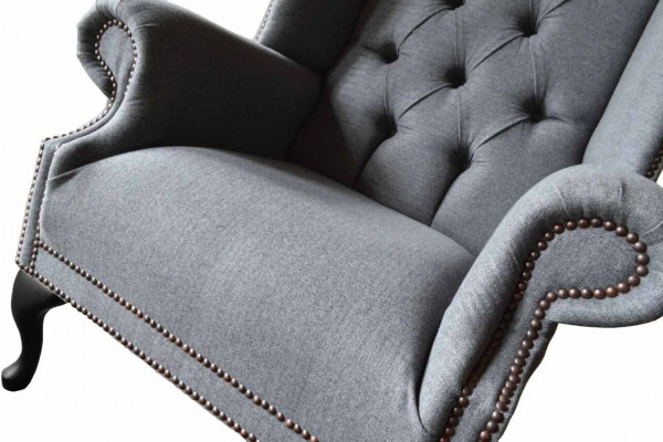 Ohrensesel Chesterfield Pohovka Křeslo Potah 1-Místný Sedák Šedý Čalounění Textil