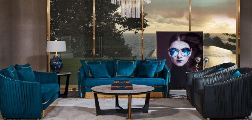 Sofa set 5-piece. Sedačka, stůl, pohovka, moderní pohovky, kůží.
