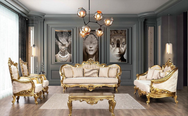 Sedací souprava 3+1 Luxusní zlatý konferenční stolek Obývací pokoj 3ks.