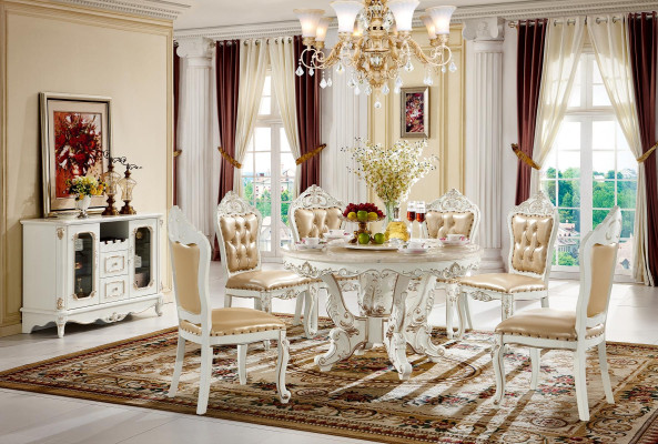 Stůl bílý kulatý klasická jídelna luxusní dřevěné stoly elegantní design.