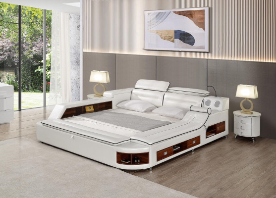 Designové postele z kůže v hotelu s dvojitým úložným prostorem, masážní lehátko, multifunkční postel.