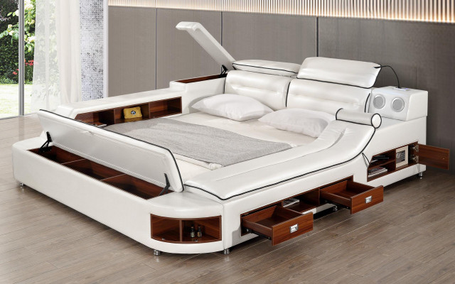 Designové postele z kůže v hotelu s dvojitým úložným prostorem, masážní lehátko, multifunkční postel.