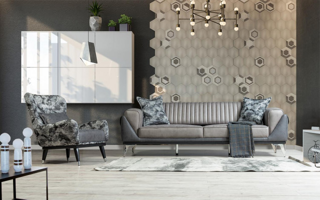 Obývací pokoj křeslo s povlečením, moderní design, hadí styl potahu.