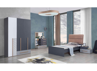 Dětský pokojový set šedý postel noční stolek šatní skříň design nový 4dílný.