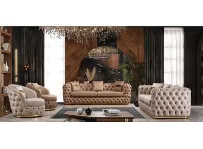 Chesterfield sada sedacího nábytku 3+3+1+1 - sestava: sofa, křeslo, sedací souprava, pohovka, křesla, kožené, béžové