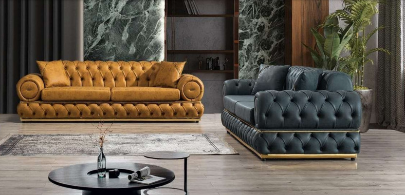 Garnitur Luxus Chesterfield Sofa sada 3+3 místná sedací souprava - Pohovka Křesla Pohovky Kožené 2 kusy