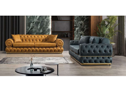 Garnitur Luxus Chesterfield Sofa sada 3+3 místná sedací souprava - Pohovka Křesla Pohovky Kožené 2 kusy