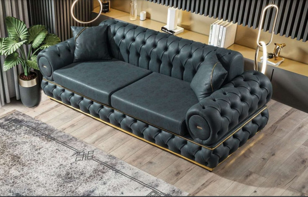 Sofa 3 sedačky Chesterfield čalouněná pohovka třísedadlová kůže modrá nábytek do obývacího pokoje