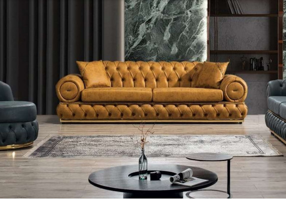 Sofa 3 sedačky Chesterfield čalouněná pohovka třísedadlová kůže modrá nábytek do obývacího pokoje