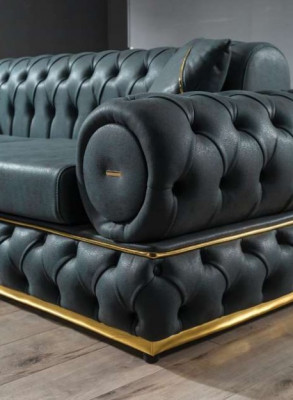 Sofa 3 sedačky Chesterfield čalouněná pohovka třísedadlová kůže modrá nábytek do obývacího pokoje