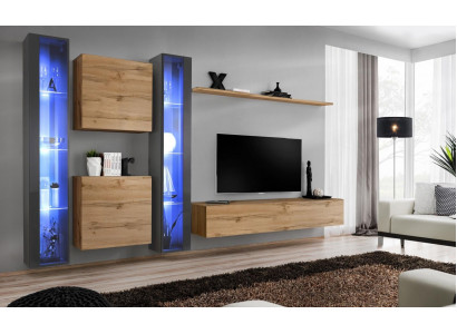 Kompletní hnědá stěnová jednotka s vestavnou vitrínou, skříní a moderním designem.