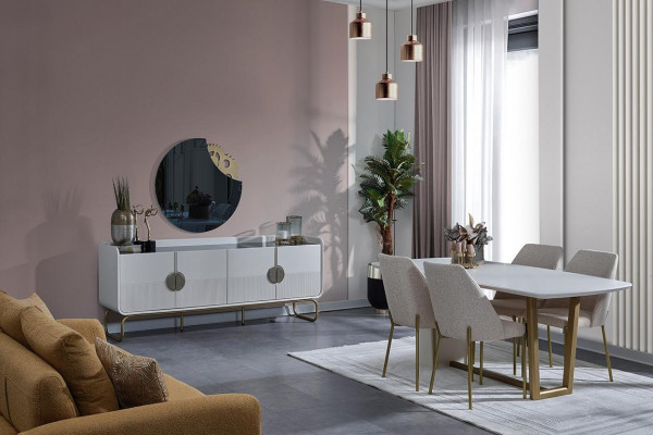 Bílý jídelní set z jasanového dřeva, designový jídelní stůl se 4 čalouněnými židlemi, 7 dílů.