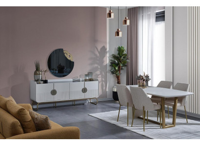 Bílý jídelní set z jasanového dřeva, designový jídelní stůl se 4 čalouněnými židlemi, 7 dílů.