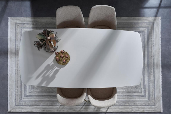 Bílý jídelní set z jasanového dřeva, designový jídelní stůl se 4 čalouněnými židlemi, 7 dílů.
