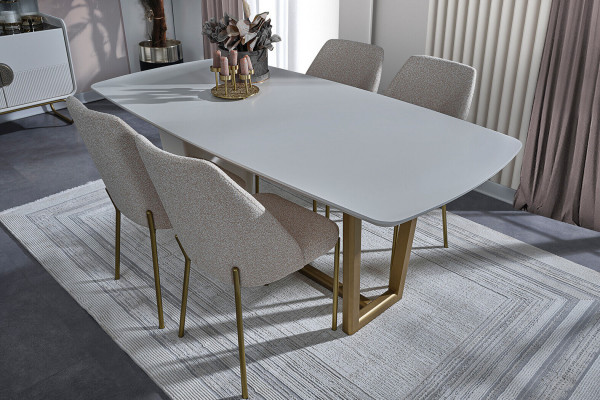 Bílý jídelní set z jasanového dřeva, designový jídelní stůl se 4 čalouněnými židlemi, 7 dílů.