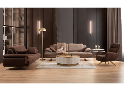 Beige-hnědá obývací sestava 3místná pohovka křeslo stolek
