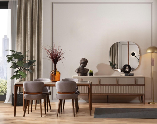 Moderní jídelní set designový jídelní stůl 4x polstrované židle luxusní komoda