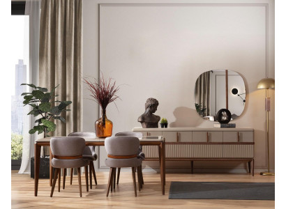 Moderní jídelní set designový jídelní stůl 4x polstrované židle luxusní komoda