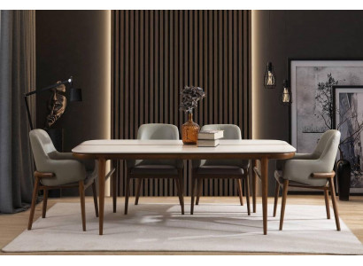 Jídelní nábytek, dubový stůl, designové čalouněné židle s dřevěnými nohami, 7-dílná luxusní sada.
