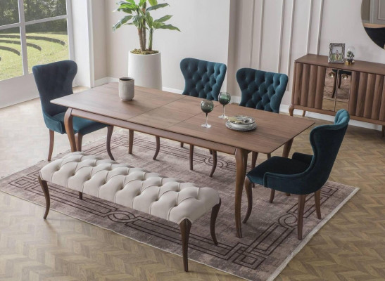 chesterfield jídelní lavice a 4x potahované židle jídelní stůl
